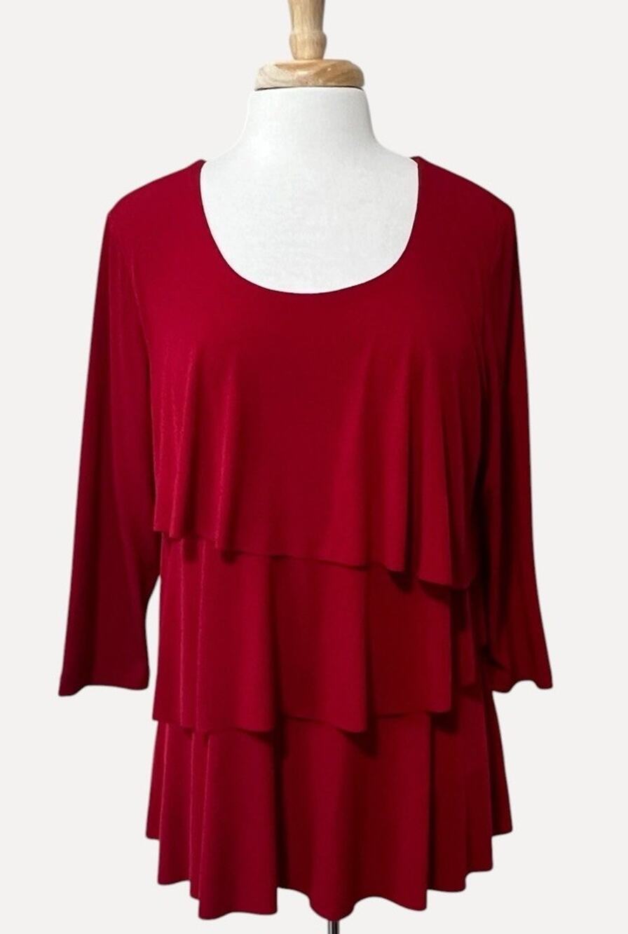 Susan Graver Liquid Knit Tiered 3/4 Sleeve Top Womens M Red Scoop Neck